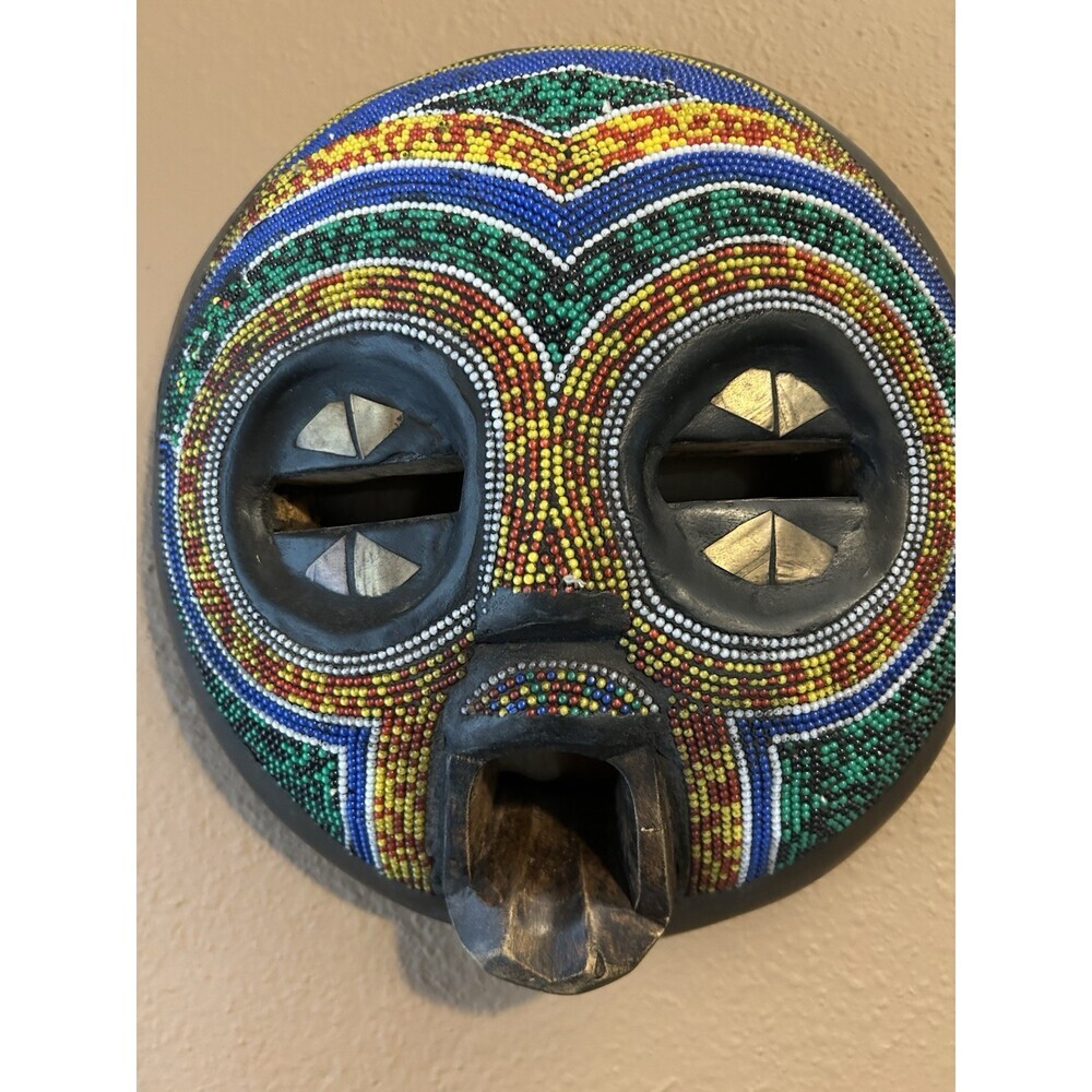 African Beaded Wall Mask Bamileke Style Cameroon Hand Carved Wood Tribal Art